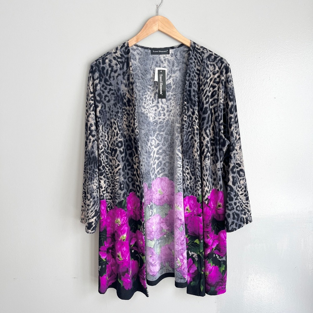 Travel Elements Cardigan Women XL Multi Leopard Floral Open Front Vibrant NWT